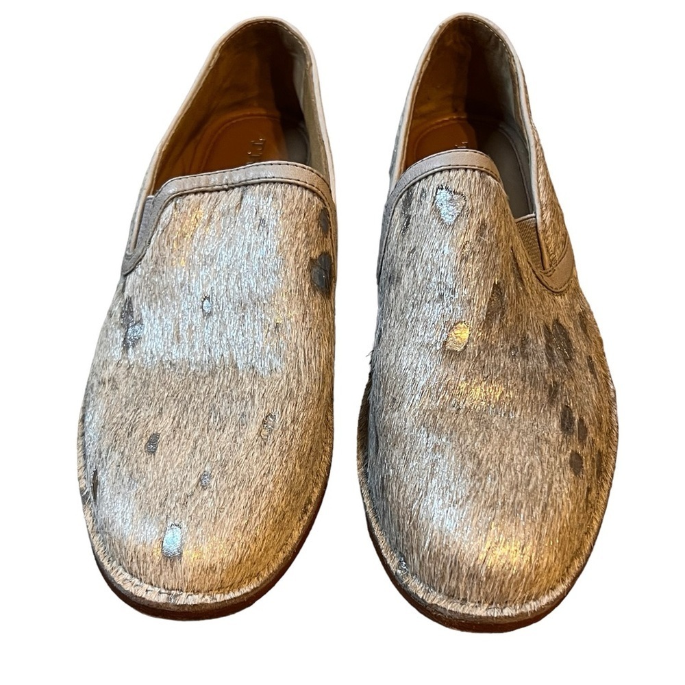 womens H.S. TRASK Ali Metallic Silver on Taupe Gray Calf Hair Loafers Flats 7M